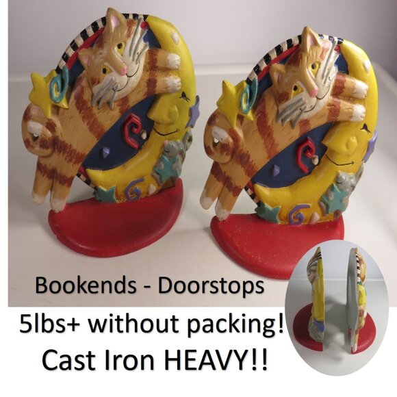 Cat over the Moon CAST IRON Bookends or Doorstop 2pc total 6" tall Primary Color - Picture 1 of 16